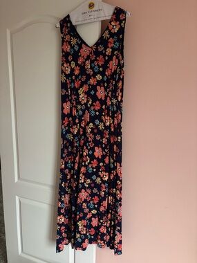 Coldwater Creek Navy Floral Maxi Dress with Coral, Yellow & Teal Blooms